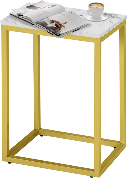 Primezone End Table Side Table - White Faux Marble Top Bedside Table for Bedroom & Living Room, Night Stand with Gold Frame, 12" D X 15" W X 21" H, Set Ot 2