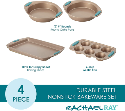Enjoy fast, free nationwide shipping!  Owned by a husband and wife team of high-school music teachers, HawkinsWoodshop.com is your one stop shop for quality USA handmade industrial, modern, mid-century, and rustic furniture as well as imported furniture.  Get our Rachael Ray Cucina Bakeware Set Includes Nonstick Cake Cookie Baking Sheet and Muffin Cupcake Pan, 4 Piece, Latte Brown with Agave Blue Grips on sale now!