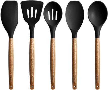 Enjoy fast, free nationwide shipping!  Owned by a husband and wife team of high-school music teachers, HawkinsWoodshop.com is your one stop shop for quality USA handmade industrial, modern, mid-century, and rustic furniture as well as imported furniture.  Get our Miusco Non-Stick Silicone Kitchen Utensils Set with Natural Acacia Hard Wood Handle, 5 Piece, Black, BPA Free, Baking & Serving Silicone Cooking Utensils on sale now!