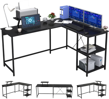 OUTFINE L Shaped Desk Corner Desk Double Computer Desk Home Office Gaming Workstation with Storage Shelves and Monitor Stand