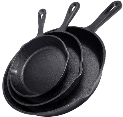 Simple Chef Cast Iron Skillet 3-Piece Set - Best Heavy-Duty Professional Restaurant Chef Quality Pre-Seasoned Pan Cookware Set - 10", 8", 6" Pans - Great for Frying, Saute, Cooking, Pizza & More,Black