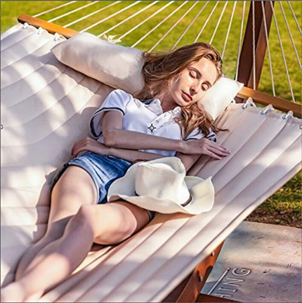 Enjoy fast, free nationwide shipping!  Owned by a husband and wife team of high-school music teachers, HawkinsWoodshop.com is your one stop shop for quality USA handmade industrial, modern, mid-century, and rustic furniture as well as imported furniture.  Get our Lazy Daze 12 FT Double Quilted Fabric Hammock with Spreader Bars and Detachable Pillow, 2 Person Hammock for Outdoor Patio Backyard Poolside, 450 LBS Weight Capacity, Dark Cream on sale now!