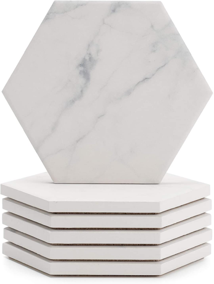 Sweese 242.101 White Marble Pattern Absorbent Ceramic Coasters for Drink with Cork Back, Prevent Furniture from Dirty, Spills, Water Ring and Scratched, Set of 6