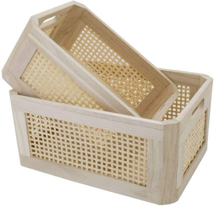 HDKJ Desktop Storage Basket, Sundry Office Drawer Storage Box, Wood Frame Storage Basket. (Rectangle-A-Set2)