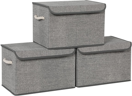 SONGMICS Storage Baskets with Lid, Set of 3 Fabric Storage Boxes and Bins with Cotton Handles, Linen Pattern, Gray URFB013G02