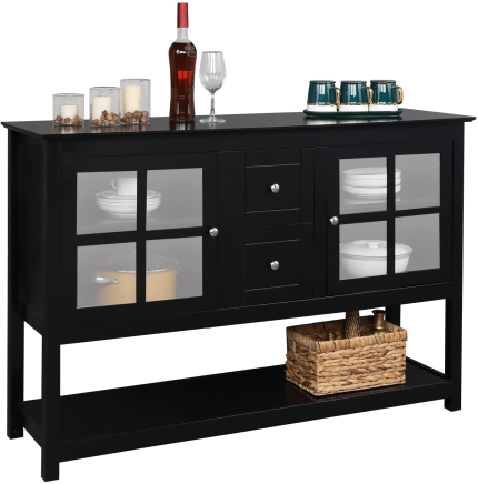 Outvita Buffet Cabinet Coffee Bar Sideboard Table with Double Doors & Storage Drawers & Open Shelf, Kitchen Cupboard Console Cabinets for Dining Room, Living Room, Entryway (Black)