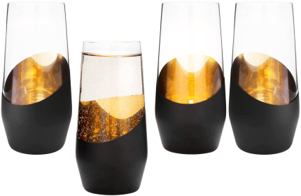 Mygift 11 Oz Modern Black and Gold Plated Decorative Stemless Champagne Flute Wedding Party Drinking Glasses, Set of 4