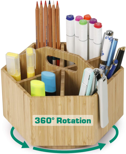 Bamboo Rotating Art Supply Organizer - Darfoo Colored Pencil Holder, Spinning Desk Organizer with Handle for Pen, Pencil, Marker, Crayon, Craft and Office Supplies