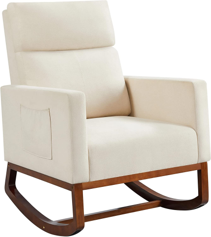 Rocking Chair Nursery Upholstered Glider Chair with Rubber Wood Legs Side Pocket, Rocking Accent Armchair High Back for Living Room Bedroom, Beige