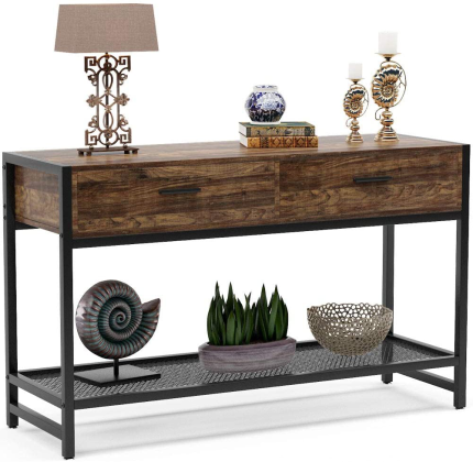 Enjoy fast, free nationwide shipping!  Owned by a husband and wife team of high-school music teachers, HawkinsWoodshop.com is your one stop shop for quality USA handmade industrial, modern, mid-century, and rustic furniture as well as imported furniture.  Get our Rustic Sofa Console Table with 2 Drawers, 47 Inch Industrial Entryway Hallway Table TV Stand with Storage Shelves for Living Room, Entrance on sale now!
