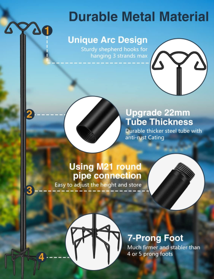 String Light Poles for Outside, 9FT Metal Poles for Outdoor String Lights, Patio Light Pole with 7-Prong and 2 Hooks for Backyard Garden Bistro Deck Party Holiday - 2Pack