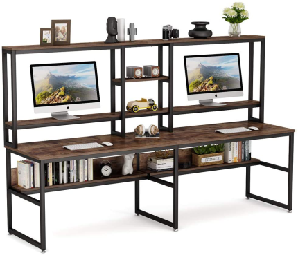 Tribesigns 94.5 Inch Two Person Desk with Hutch, Double Workstation Computer Desk with Storage Shelves, Large Industrial Office Desk Study Writing Table with Bookshelf for Home Office, Rustic Brown