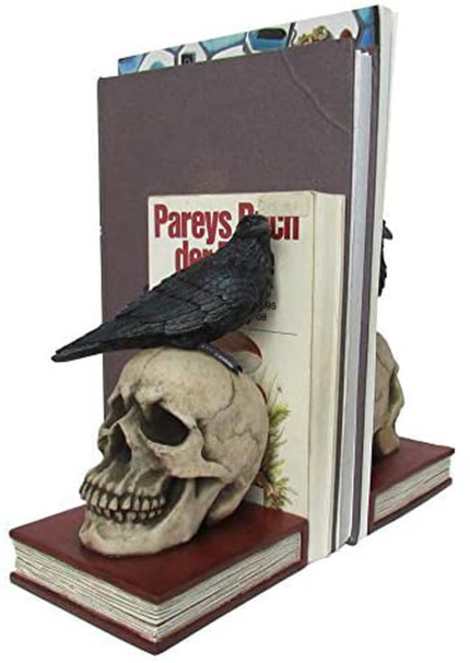 Enjoy fast, free nationwide shipping!  Owned by a husband and wife team of high-school music teachers, HawkinsWoodshop.com is your one stop shop for quality USA handmade industrial, modern, mid-century, and rustic furniture as well as imported furniture.  Get our DWK - Murder & Mystery - Ravens on Skulls Bookends Gothic Poe Crow Reading Bookshelf Library Home Décor Book Shelf Accent, 8.5-Inch on sale now!