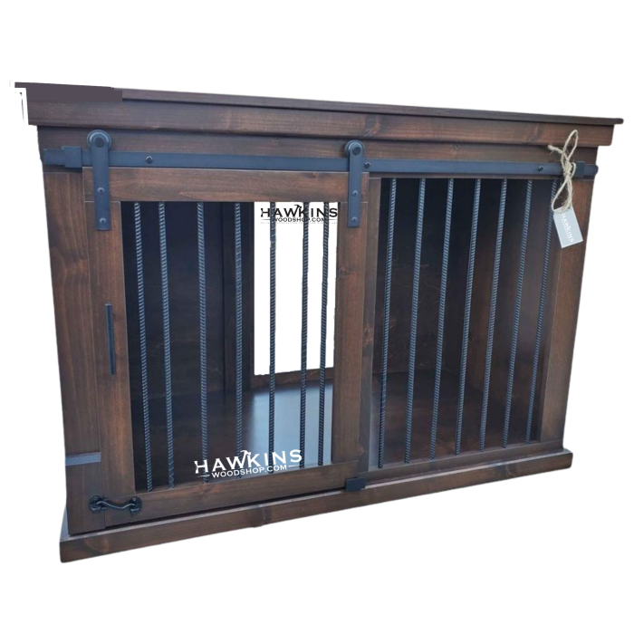 www.HawkinsWoodshop.com small medium wood dog crate, sliding barn door