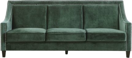 Iconic Home Camren Sofa Velvet Upholstered Swoop Arm Silver Nailhead Trim Espresso Finished Wood Legs Couch Modern Contemporary, Green
