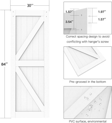 Orgerphy 30 x 84in Solid MDF Barn Door with 5.0FT Sliding Barn Door Hardware | Handle, Floor Guide Set Assemble | Pre-Drilled Holes, Waterproof Coating | White, K-Frame (30 Inch & 5.0FT Track Kit)