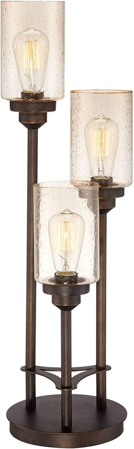 Libby Modern Industrial Rustic Farmhouse Table Lamp Bronze Metal 3-Light LED Amber Seeded Cylinder Glass for Living Room Bedroom House Bedside Nightstand Home Office Family - Franklin Iron Works