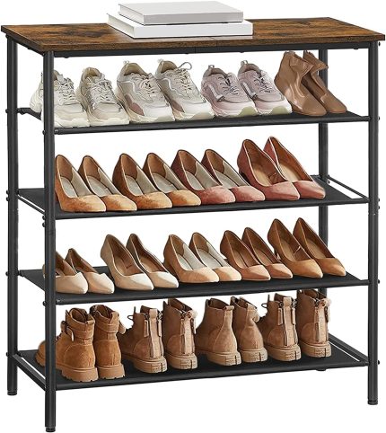 Shoe Rack Storage Organizer, 5-Tier Free Standing Shoe Shelf, with 4 Fabric Shelves and Top Panel, 16-20 Pairs Metal Shoe Rack, for Closet Entryway, Hallway, Bedroom, Rustic Brown