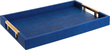 Home Redefined Modern Elegant 18”x12” Rectangle Navy Blue Rectangle Shagreen Decorative Ottoman Coffee Table Perfume Living Room Kitchen Serving Tray with Brass Gold Metal Handles for All Occasion's