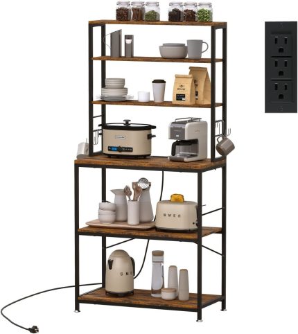 Rovaurx Standing Baker's Rack with Power Outlets, Microwave Oven Stand with 6 Hooks, Industrial Kitchen Cart Utility Storage Shelf Organizer, Rustic Brown KTJZ001A