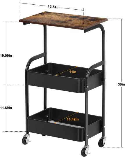 Kitchen Rolling Storage Cart, 3-Tier Slim Storage Cart with Wheels, Mobile Utility Cart with Wooden Tabletop and Mesh Baskets for Office, Kitchen, Bathroom, Black