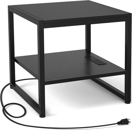 Homieasy End Table with Charging Station, 20 Inch Square Side Table with USB Ports & Power Outlets, Black Nightstand with 2-Tier Storage Shelf, Mini Fridge Stand for Small Spaces, Black
