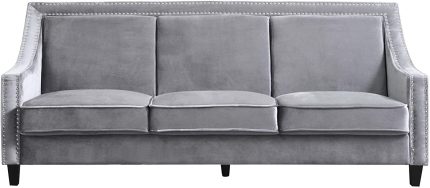 Iconic Home Camren Sofa Velvet Upholstered Swoop Arm Silver Nailhead Trim Espresso Finished Wood Legs Couch Modern Contemporary, Grey
