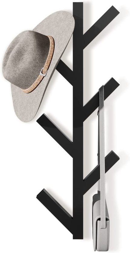 Vertical Coat Rack Wall Mounted, RRG Metal Vertical Hat Rack for Wall, Modern Wall Coat Tree for Hats, Jackets, Bags, Entryway Bedroom