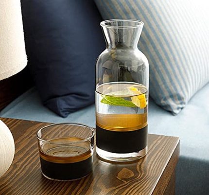 CEVVIZZ Bedside Water Carafe With Glass Set -Cup and Bottle to Keep Next To Your Bed for a Handy Midnight Drink - Glass Carafe 24 oz / Cup 7.5 oz - Beautiful Gift Box (GOLD ELEGANCE)