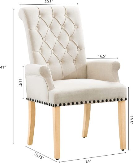 LOULENS Fabric Dining Chairs, Upholstered Tufted Armrest Chairs, Accent Chairs with Nailhead Trim, Solid Wood Legs for Home, Kitchen Living Room, Beige