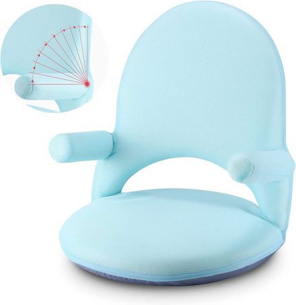 Nnewvante Floor Chair with Back Support and Armrest 42 Angles Adjustable Washable Floor Seat Folding Recliner Cushioned for Adults Kids Classroom Playing, Light Blue