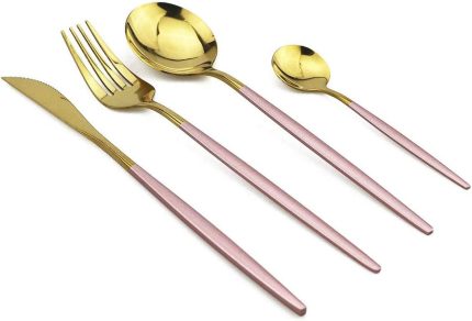 JANKNG 24-Piece Flatware Set, 18/0 Stainless Steel Knife Fork Spoon Teaspoon Silverware Set, Service for 6, Pink Handle Gold
