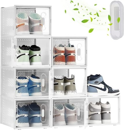 ANWBROAD XL Shoe Storage Boxes, Clear Shoe Boxes Stackable, Sneaker Storage for Sneakerheads, Plastic Shoe Storage Bins Display Cases Under the bed Hallway US Size14(14.17”x11.02”x8.27”)8 Pack