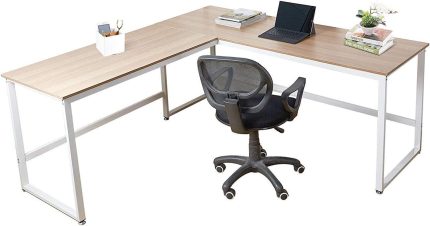 Dporticus 63" x 35" L-Shaped Computer Desk Large Corner Desk PC Latop Study Table Workstation Home Office Wood & Metal, White and Oak (Oak and White)
