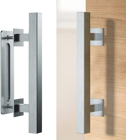 TURBRO Helmsman 12 Inches Brushed Stainless Steel Sliding Barn Door Handle - Pull and Flush Door Handle Set for Barn Door, Gates, Garages and Sheds - Square, Silver
