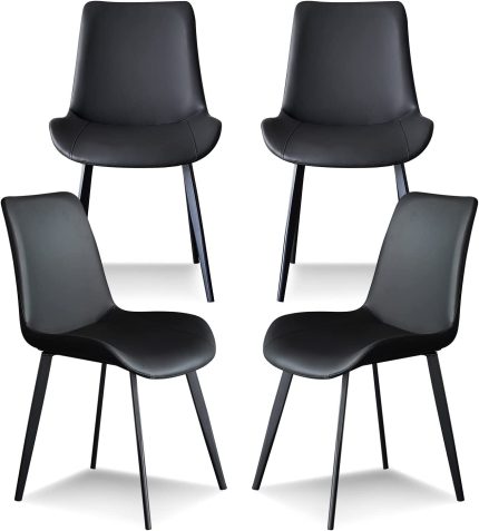 Dining Chairs Set of 4 Black Faux Leather for Kitchen Dining Room, Comfortable Mid Century Modern Chair with Metal Legs, Upholstered Big Side Chair for Living Room, Waiting Room, Farmhouse