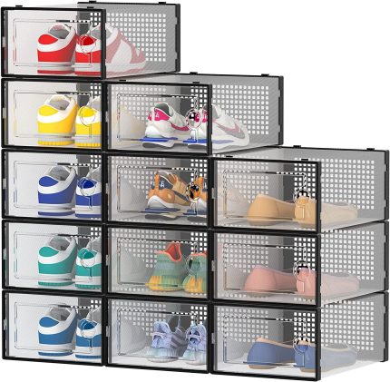 Shoe Box, 12 Pack Shoe Storage Organizer, Shoe Boxes Clear Plastic Stackable Shoe Organizer for Closet, Shoe Containers with Lids for Women/Men
