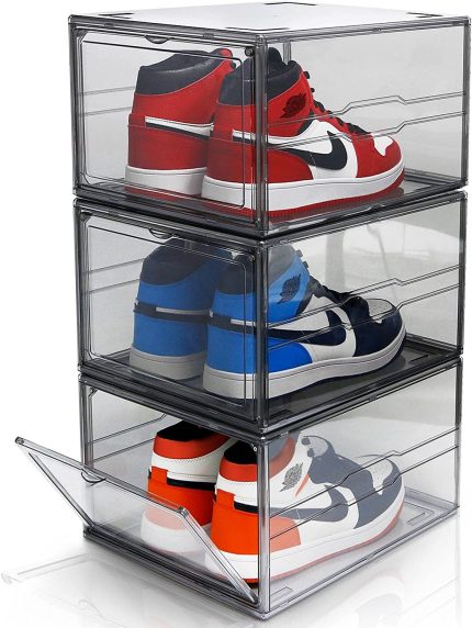 Seloom Acrylic Shoe Box Organizer Extra Large,Shoe Storage Boxes Clear Plastic Stackable,Sneaker Storage Box with Magnetic Door,Drop Front Shoe Box Display Case for Sneaker Up to US Size 14,Clear Grey