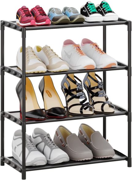 SOKOSEN 4-Tiers Small Shoe Rack，Lightweight Kids Shoes Shelf Multifunctional Organizer，Narrow Stackable Metal Free Standing Shoe Racks for Closet Entryway Hallway（4H-Black）