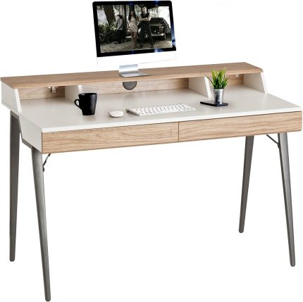 Dporticus 47” Computer Desk with Drawers & Storage Bookshelves Wood Table Workstation Writing,Study,Gaming Table for Home Office,Metal Leg,Oak and White