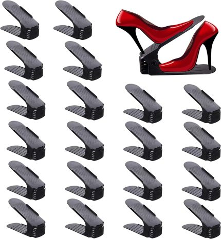 Shoe Slots Organizer，20 Pcs Adjustable Shoe Stacker for Closet Organization, Double Deck Shoe Rack Holder Storage Space Saver (Black)