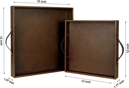 HofferRuffer Set of 2 Square Serving Tray with Handles, Coffee Tray, Wood Structue Butler Tray, Brown, M: 12 x 12 x 1.77 inches, L: 15 x 15 x 1.97 inches