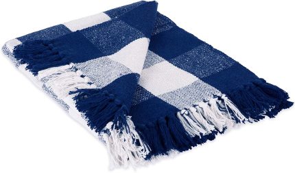 DII Buffalo Check Collection Rustic Farmhouse Throw Blanket with Tassles, 50x60, Navy/Off-White
