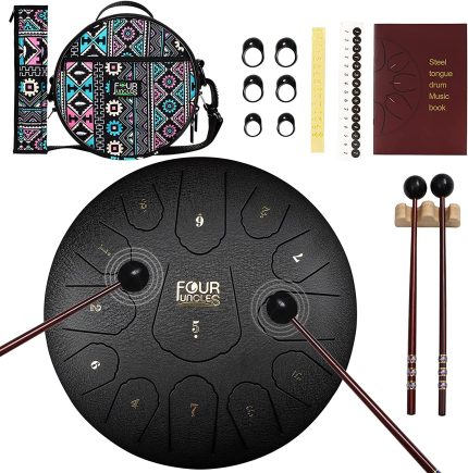FOUR UNCLES Steel Tongue Drum, Percussion Instrument Handpan Drum C Key with Bag, Music Book and Mallets for Meditation Entertainment Musical Education Concert Mind Healing Yoga (12 inch, Black)