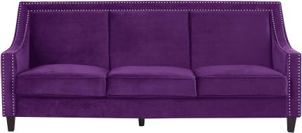 Iconic Home Camren Sofa Velvet Upholstered Swoop Arm Silver Nailhead Trim Espresso Finished Wood Legs Couch Modern Contemporary, Purple