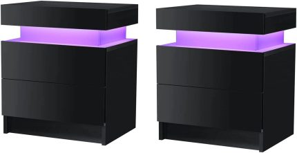 Hommpa LED Nightstand Set of 2 Modern Black Nightstand with LED Light Matte Bedside Table with High Gloss Drawers LED Night Stand with 2 Drawers for Bedroom Furniture