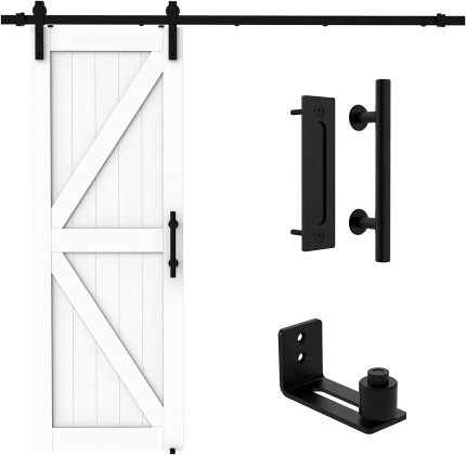 Orgerphy 30 x 84in Solid MDF Barn Door with 5.0FT Sliding Barn Door Hardware | Handle, Floor Guide Set Assemble | Pre-Drilled Holes, Waterproof Coating | White, K-Frame (30 Inch & 5.0FT Track Kit)