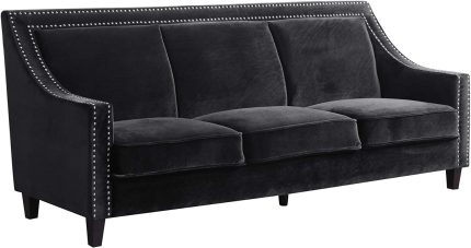 Iconic Home Camren Sofa Velvet Upholstered Swoop Arm Silver Nailhead Trim Espresso Finished Wood Legs Couch Modern Contemporary, Black