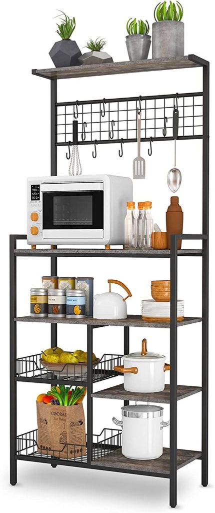Kitchen Bakers Rack, Standing Baker's Racks Utility Storage Shelf with 10 S Hooks, Industrial Metal Wood Microwave Oven Stand Cart Coffee Bar Station with Storage Rack for Spices, Pots, and Pans.