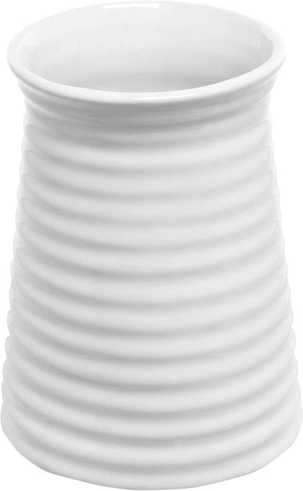 MyGift Modern White Ceramic Flower Vase, Ribbed Design Tabletop Small Vase Decor